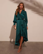 Emerald % Vilma Satin Wrap Midi Dress-1