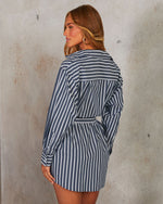 Navy Multi % Between The Lines Waist Tie Mini Shirt Dress-4