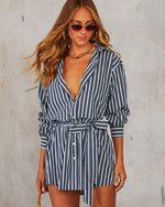 Navy % Between The Lines Waist Tie Mini Shirt Dress-3
