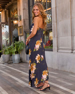 Adrenia Pleated Floral Print Satin Maxi Dress