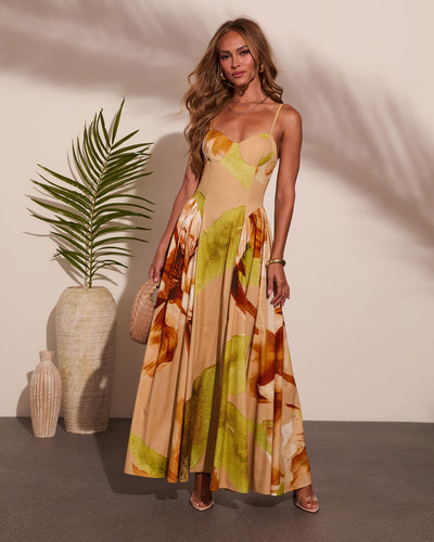 Shore Blossom Cotton Floral Maxi Dress in Khaki