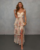 Cream Multi % Reina Tiered Mesh Floral Maxi Dress-1