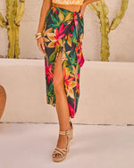 Black Multi % Kaanapali Linen Blend Palm Printed Wrap Midi Skirt-1