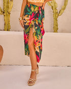 Black Multi % Kaanapali Linen Blend Palm Printed Wrap Midi Skirt-1
