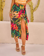 Black Multi % Kaanapali Linen Blend Palm Printed Wrap Midi Skirt-3