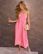 Pink % Raise A Toast Satin Plisse Halter Maxi Dress-5