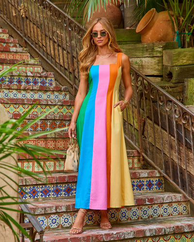 Glory Days Linen Blend Color Block Maxi Dress in Rainbow