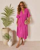 Hot Pink % Haylee Flowy Metallic Stitch Midi Dress-1