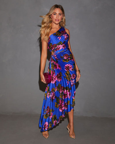 modern day glam one shoulder asymmetrical maxi dress Printed in Blue Floral Its pleated design and mid-waist Size:Over-The-Calf pink short dresses for