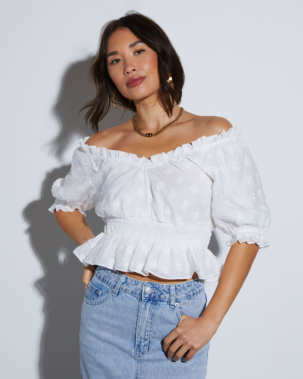 Ever So Sweet Floral Textured Puff Sleeve Peplum Top VICI