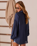 Navy % Elowen Balloon Sleeve Button Down Top-4