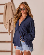 Navy % Elowen Balloon Sleeve Button Down Top-3