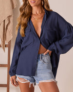 Navy % Elowen Balloon Sleeve Button Down Top-5