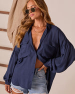 Navy % Elowen Balloon Sleeve Button Down Top-6