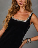 Later Babes Velvet Crystal Trim Mini Dress