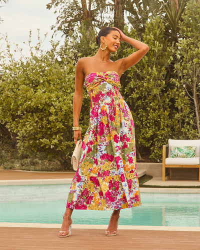 Lynelle Strapless Floral Smocked Midi Dress in Pink