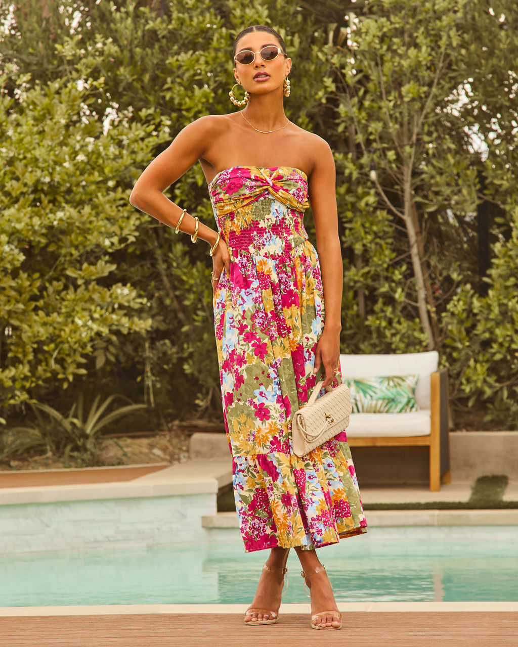 smocked strapless dress Lynelle Strapless Floral Smocked Midi Dress in Orange
