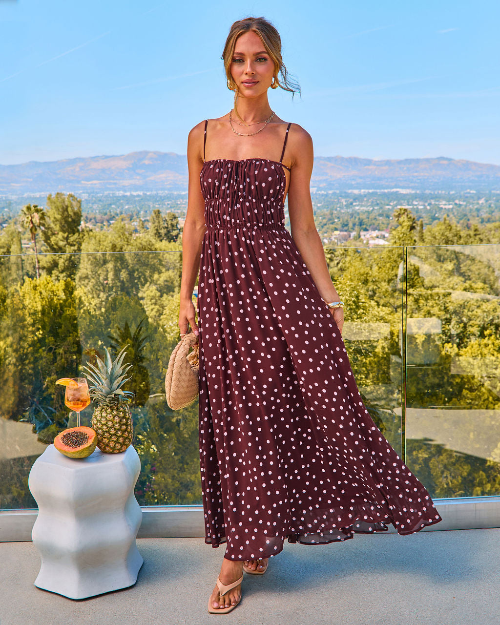 Joyelle Polka Dot Maxi Dress in Burgundy Polka Dot - Size XL, Polyester/Elastane, VICI