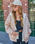 Beige % Campus Oversized Hooded Bomber Jacket-3