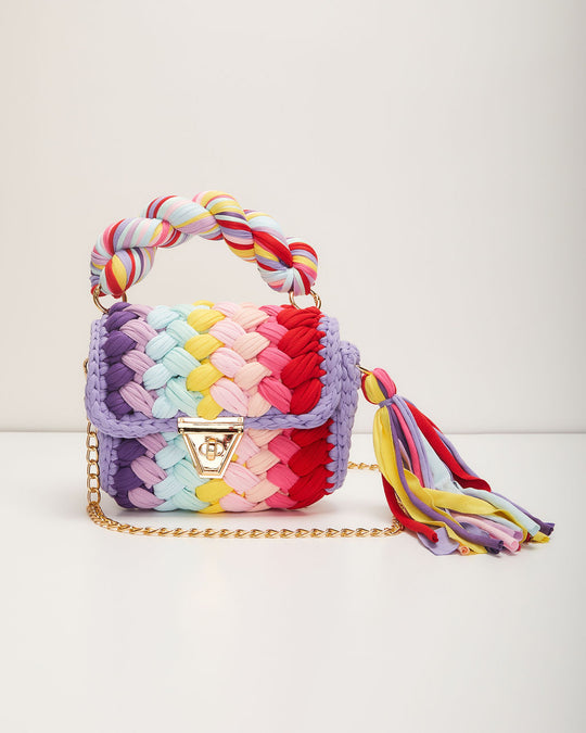 Rainbow Braided Top Handle Bag