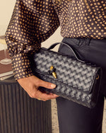 Black % Porta Woven Leather Top Handle Clutch-4