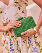 Green % Lindsie Woven Vegan Leather Wooden Frame Clutch-5