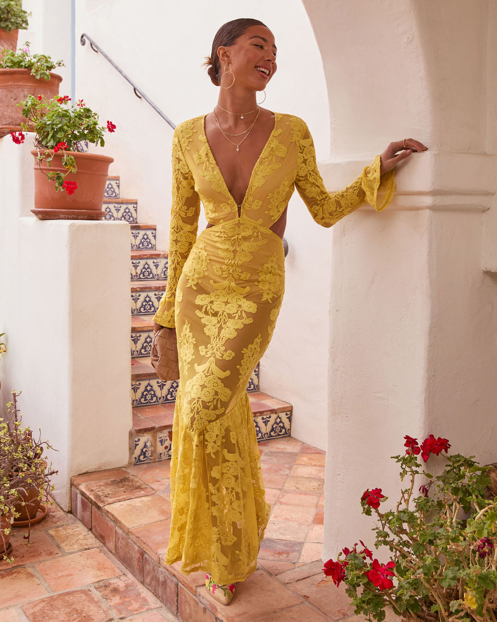 Jodie Cut Out Mesh Maxi Dress in Yellow - Size Large, VICI