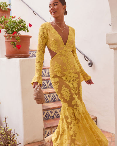 Jodie Cut Out Mesh Maxi Dress in Yellow