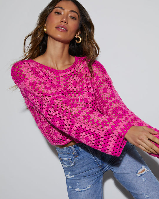 Pink % Elisa Knit Crochet Long Sleeve Top-3