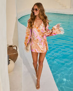 Lennora Floral Wrap Tie Feather Trim Romper