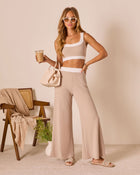 Beige % Tricia Contrast Waist Wide Leg Pants-1