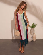 Marrion Striped Open Knit Fringe Cover Up Maxi Dress