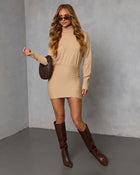 Taupe % Campfire Cocoa Turtleneck Mini Sweater  Dress-1
