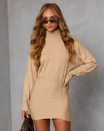 Taupe % Campfire Cocoa Turtleneck Mini Sweater  Dress-2