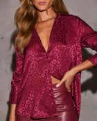Burgundy % Willah Satin Embossed Button Down Top-1