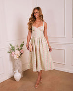 Sunlit Willow Floral Sweetheart Midi Dress