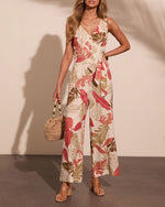 Sunset Souvenir Linen Blend Tropical Waist Tie Jumpsuit