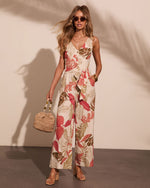 Sunset Souvenir Linen Blend Tropical Waist Tie Jumpsuit