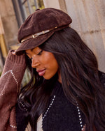 Korey Faux Suede Buckle Band Newsboy Cap