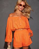 Orange % Elysia Off The Shoulder Long Sleeve Crop Top-2