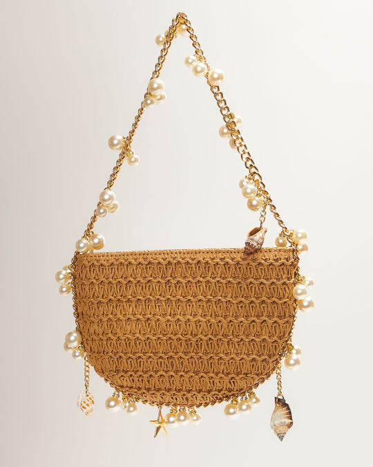 Seashell Charm Raffia Shoulder Bag