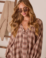Pecan Bliss Plaid Lace Up Peasant Top