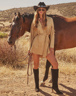 Olya Suede Wrap Tie Fringe Mini Dress