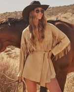 Olya Suede Wrap Tie Fringe Mini Dress