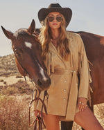 Olya Suede Wrap Tie Fringe Mini Dress