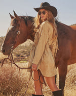 Olya Suede Wrap Tie Fringe Mini Dress