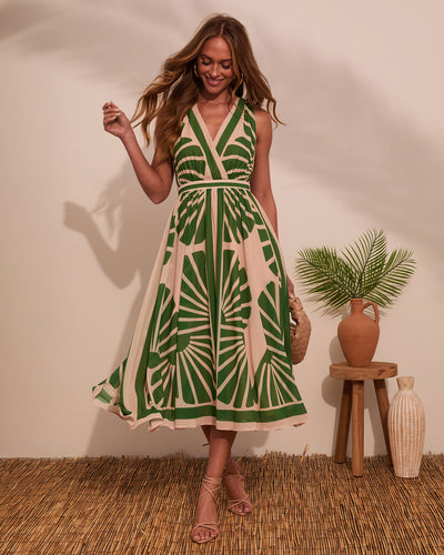 Palm Paradise Printed Midi Dress in Green