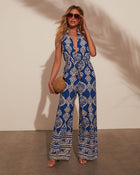 Royal Blue % Adrienne Printed Halter Jumpsuit-1