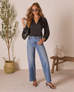 Black % Teylor Split Ruffle Neckline Top-2