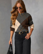 Smoky Cedar Contrast Argyle Print Crew Neck Sweater